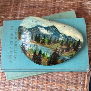 VTG Mountain Scenic Painted 5” Rock Sealed & Felted Paper Weight Shelf Decor